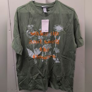 H&M Green Graphic T-Shirt with Floral Design (Wake Up And Smell The Flowers)